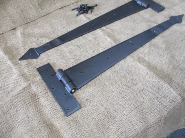 2 LARGE Strap T Hinges 18" Tee Hand Forged In Fire Barn Rustic Door Iron Arrow 3