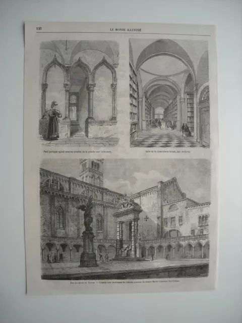 Gravure 1868. Les Archives De Venise. L’ancien Couvent De Sainte-Marie-Glorieuse