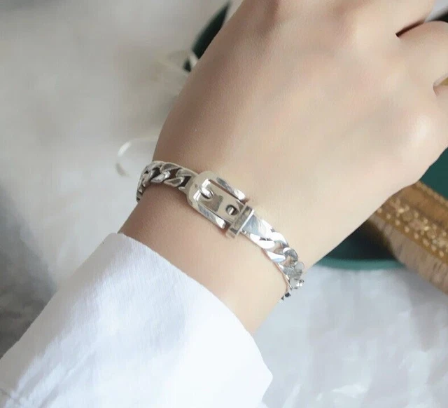 925 Sterling Silver Vintage Belt Buckle Cuban Link Chain Bangle Trendy Bracelet