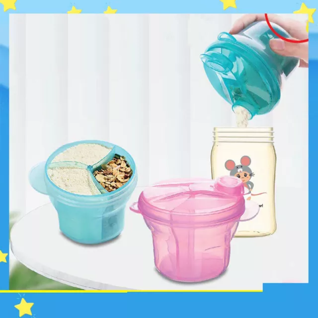 Caja portátil de almacenamiento de alimentos en polvo de color azul para bebé con 3 secciones separadas