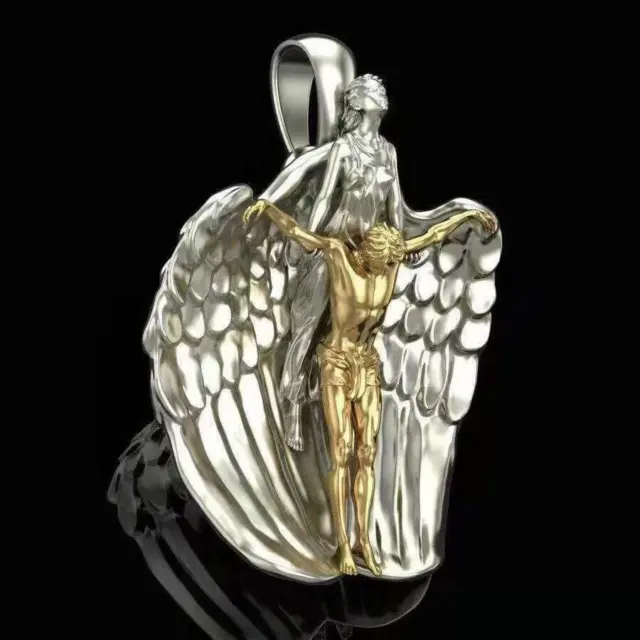 JESUS ANGEL WING PROTECT pendant 20" 925 Sterling Silver Necklace men women Gold