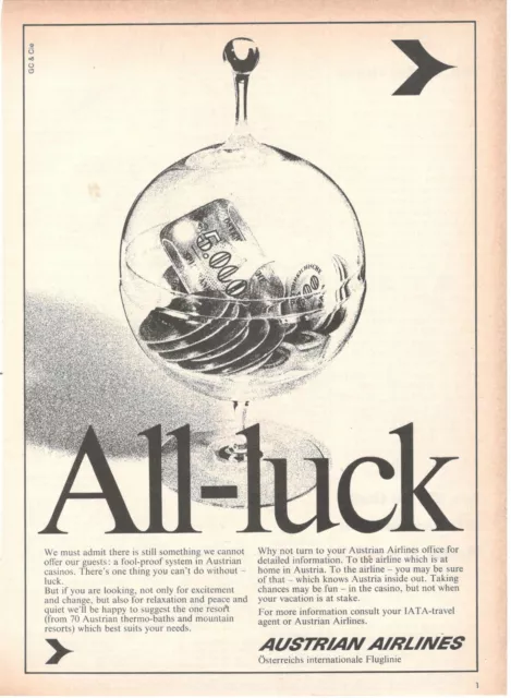 Aua Austrian Airlines Company Aerial all-Luck 1 Page Advertising 1970