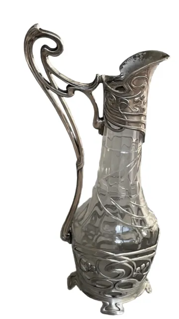 Burette Carafe ART NOUVEAU en Verre moulé à Monture Métal VÉGÉTALISÉE AJOURÉE