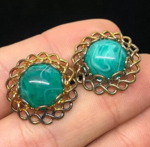 VTG Sterling Silver Jade Art Glass Chinese Earrings Gold Tone 925 Screw back