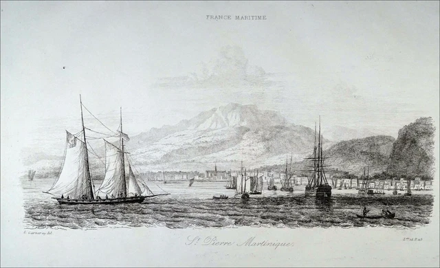 MARTINIQUE - SAINT-PIERRE et la MONTAGNE PEELÉE view from the SEA - 19th century engraving