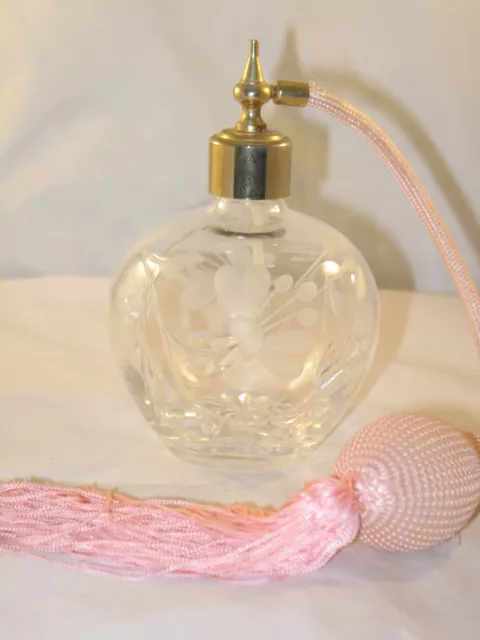 Vintage Stuart ? Crystal Clear Fuchsia Cut Glass Pink Tassel Perfume Atomiser