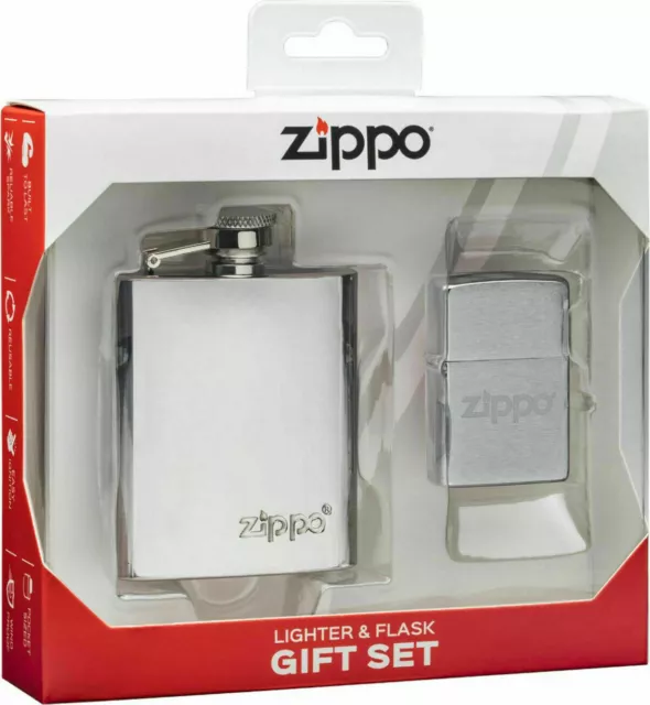 Genuine Zippo Lighter & Flask Gift Set - Brushed Chrome (96098)