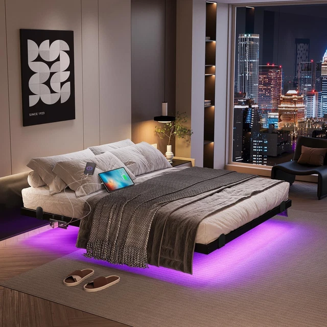 FLOATING BED FRAME Full Size with LED Lights and Charging Station 14 ...