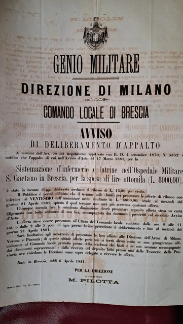 manifesto antico 1881 genio Militare Brescia Ospedale Militare San Gaetano