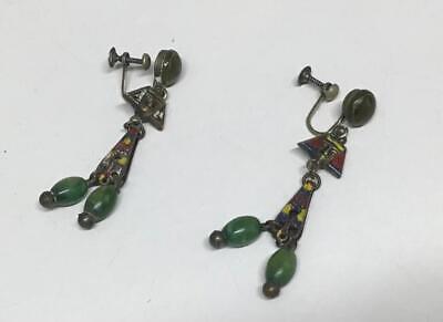 Antique Neiger Era Egyptian Revival Dangle Screwback Earring, Pharoah Head/Beads