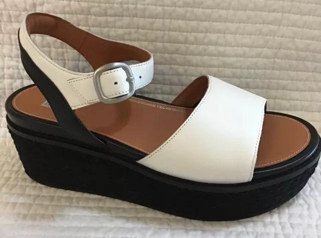 Fitflop Nib Eloise Espadrille Leather Back Strap Wedge Sandal Cream & Black 8