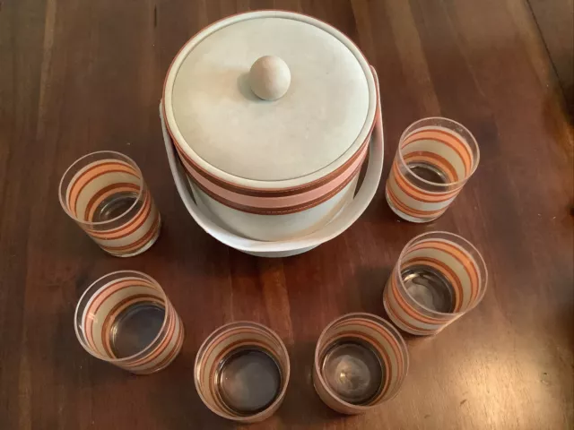 MCM Vintage Georges Briard Leather ice bucket With (6) matching Striped glasses