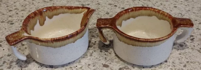 Vintage USA Drip Glaze Pottery Sugar Bowl & Creamer Set, Cream & Light Brown