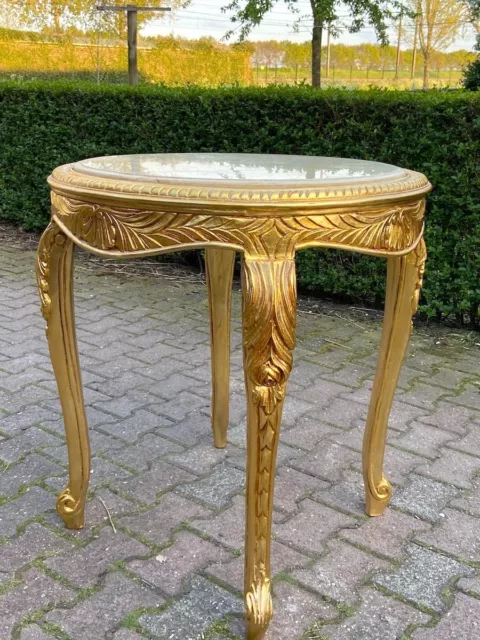 Opulent French Louis XVI Gold Leaf Side Table Featuring Beige Marble Top