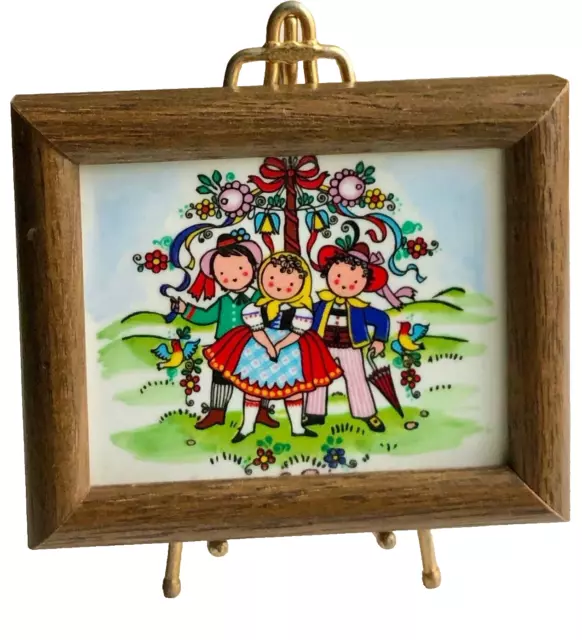 Miniature Framed Tile Traditional MAY POLE DAY DANCE Dancers European Folk Art