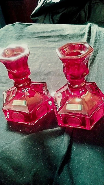 Vtg Pair Fostoria Red Ruby Coin Glass Candleholders w/ Paper Fostoria Label 5"T