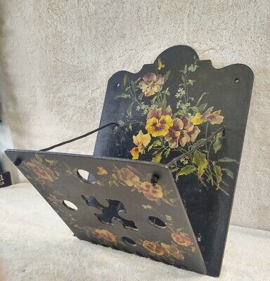 Victorian magazine rack wall pocket Floral Painted black lacquer paper mache'