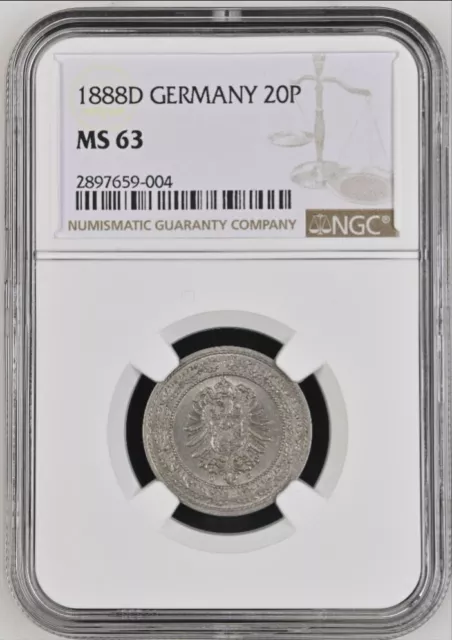 1888-D Germany 20 Pfennig - Ngc Certified Ms 63 - Free U.s & E.u. Shipping