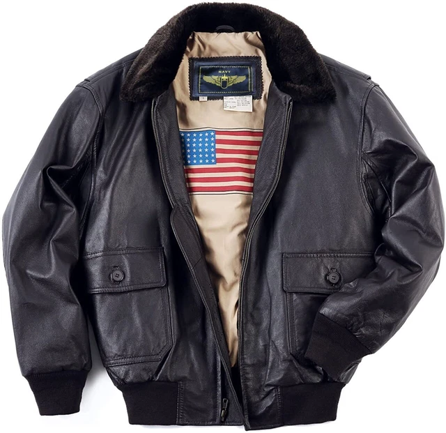 Giacca invernale G1 Bandiera USA Marina Bomber Patriottica Pelliccia Collare Nero Uomo Pelle