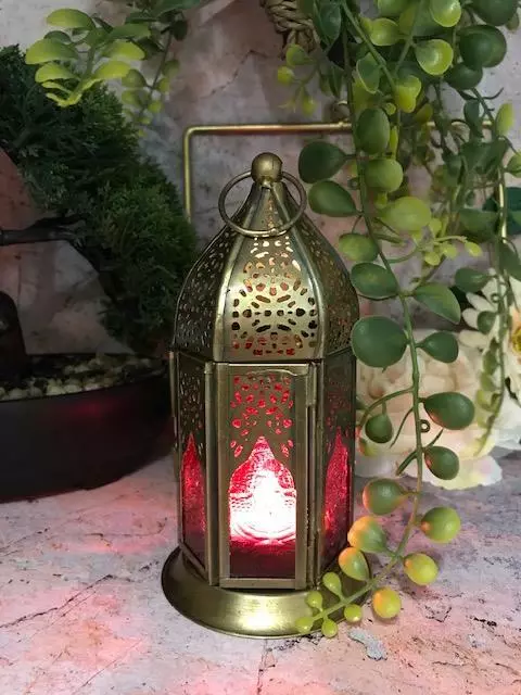 Moroccan Style Brass Lantern Antique Red Glass Tea Light Candle Holder