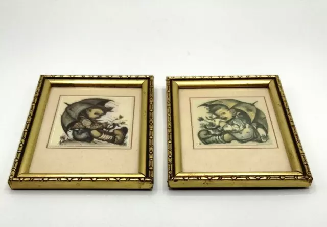 Vintage Pair Of Small Hummel Boy And Girl Prints Antique Gold Framed Art Germany