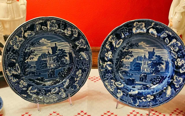 Pair of dark blue "Thrybergh, Yorkshire"  transferware soup plates by Enoch Wood