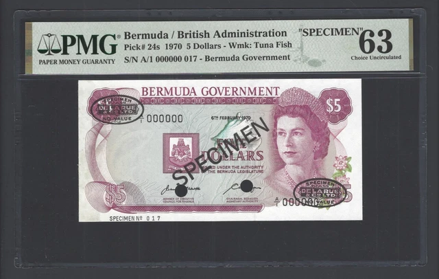 Bermuda 5 Dollars 06-02-1970 P24s "Specimen" Uncirculated Grade 63