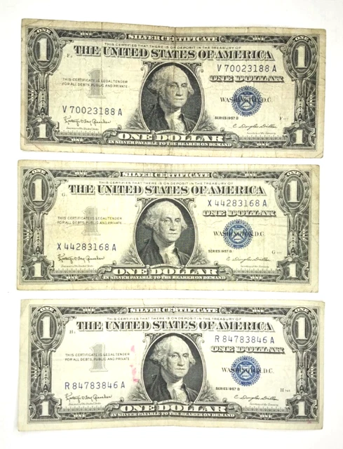 Lot of Three One Dollar Silver Certificate with Blue Seal Series 1957B in Sleeve