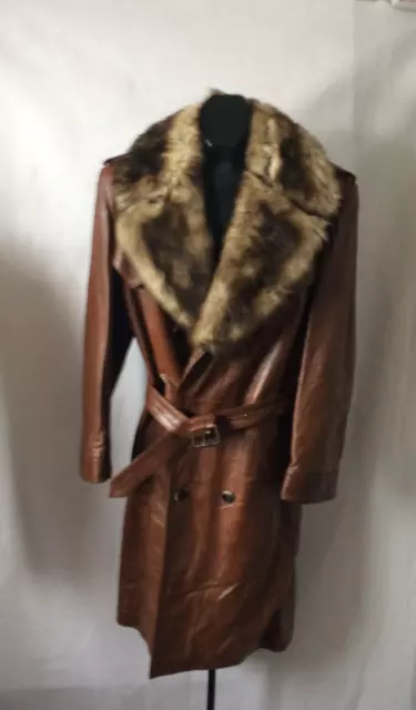 VTG mens LEATHER trench coat JACQUES OLIVIER Paris FAUX FUR collar 38 2