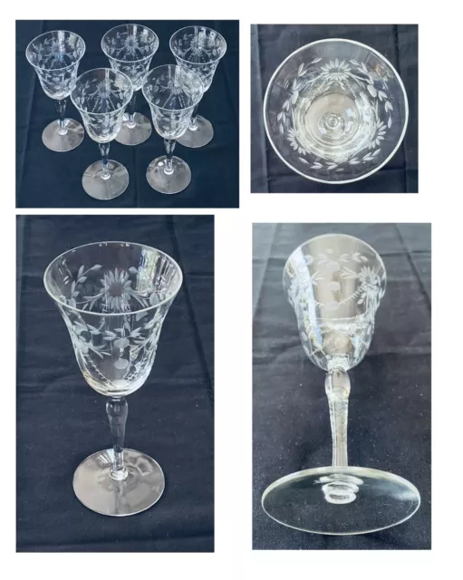 VINTAGE Wine Glasses 10 oz. ETCHED FLORAL Optic Smooth Stem Clear 5-Piece Set