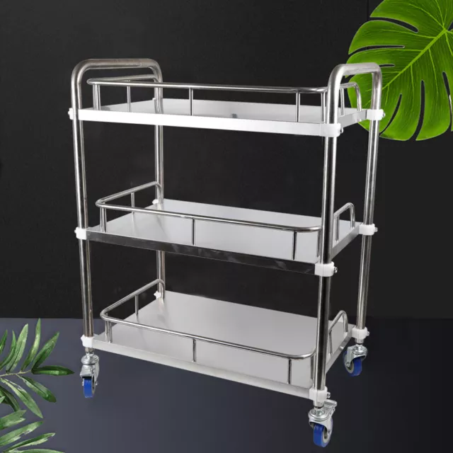 3-Tier Service Trolley Rolling Medical Cart Stainless Steel w/ Lockable Wheel