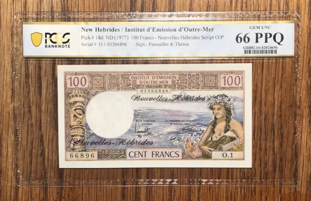 New Hebrides P 18d 100 Francs PCGS 66 PPQ Gem Unc - Top Pop 1/0. Super Deal!