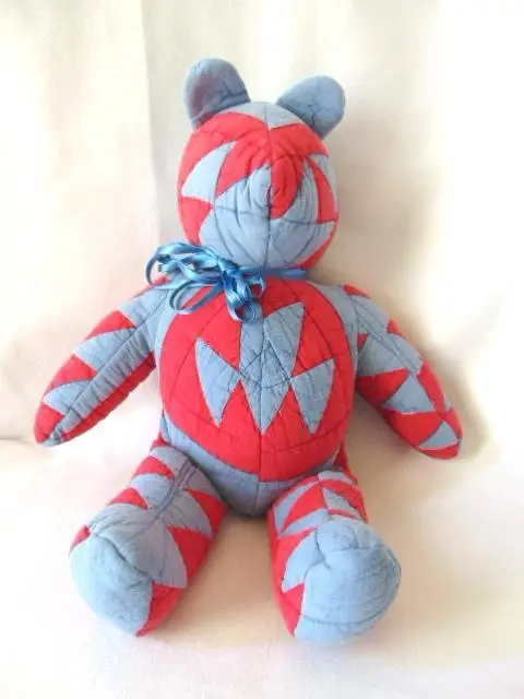 Adorable Vintage TEDDY BEAR, Hand Made From 1920s Red & Blue PATCHWORK QUILT