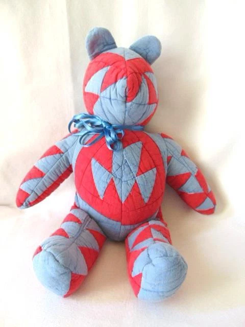 Adorable Vintage TEDDY BEAR, Hand Made From 1920s Red & Blue PATCHWORK QUILT