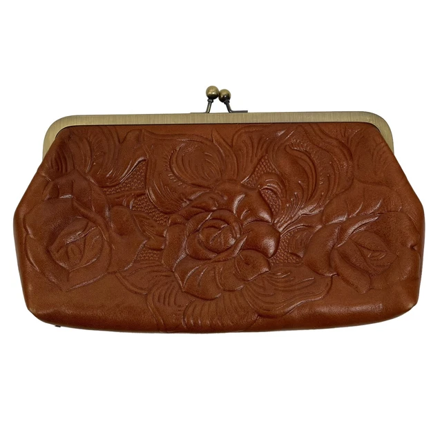 Patricia Nash Potenaz Tooled Leather Frame Crossbody Clutch Bag Brown Kiss Lock Patricia Nash Potenaz Tooled Leather Frame Crossbody Clutch Bag Brown Kiss Lock