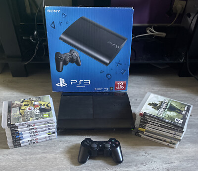 Console Sony PS3 Playstation 3 ultra slim 12 GB + 15 Jeux Fonctionne Très Bien