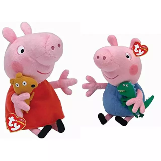 Ty- Peppa Pig Morbida Peluche Pupazzo con Vestitino Rosso e Orsacchiotto-Ottima