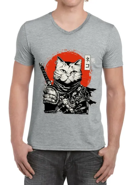T-shirt da uomo Cat Samurai Katana collo a V