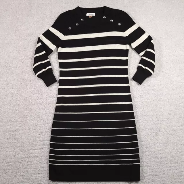 Calvin Klein Sweater Dress Women's Small Petite PS Striped Black Knit 3/4 Sleeve