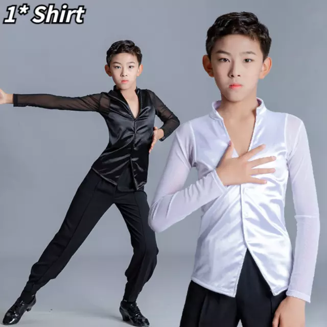 Bambini Ragazzi Latino Danza Camicia Raso Rete Maglia Performance Costume Button