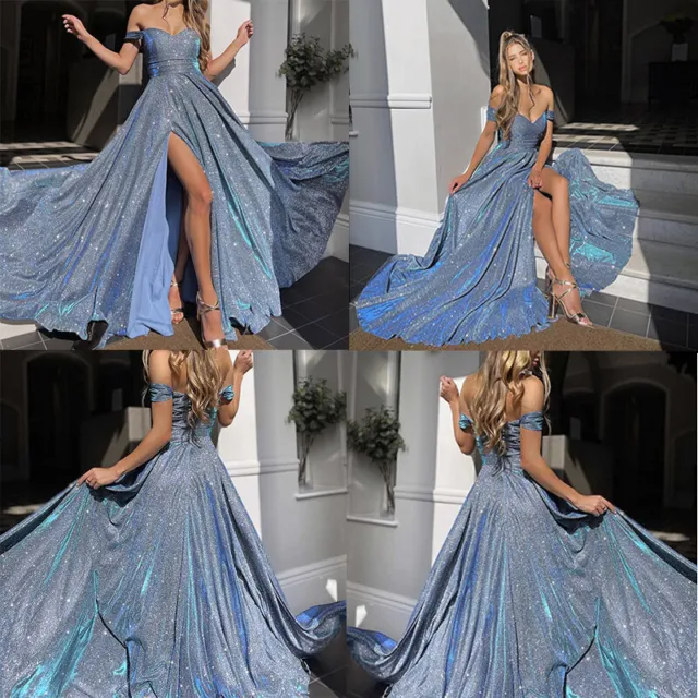 Long evening party prom evening party prom wedding formal dress shimmering Blue