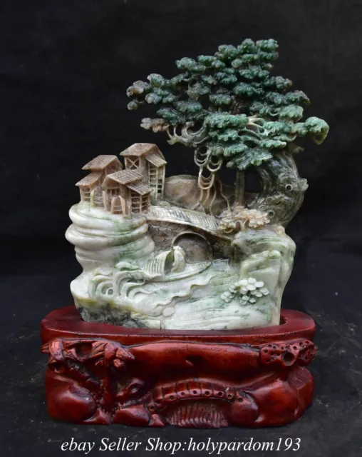 11.2" Chinese Natural Green Dushan Jade Carved Mountain Tree Bridge House Statue