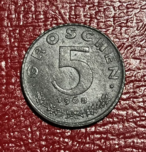 Austria 1968 Zinc 5 Groschen. Better Grade. Strong Luster. KM# 2875