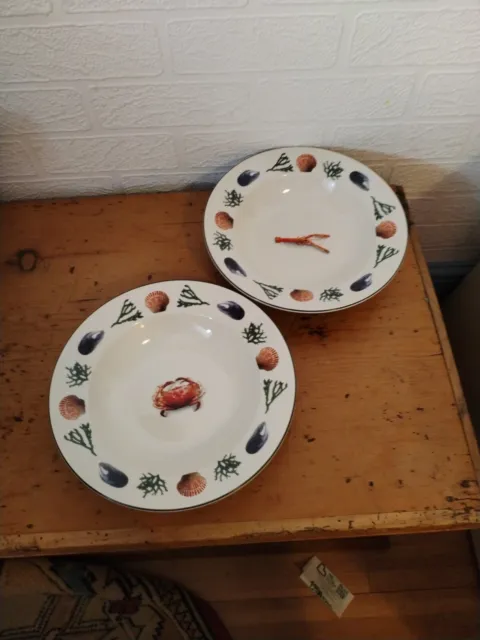 Pair Prinknash Abbey Pottery Harvest Of the Sea Rimmed Bowls 22.5cm Vgc.