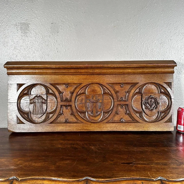 Antique Oak Wood Gothic Panel/Pediment/Crest with Religious/Church Symbols