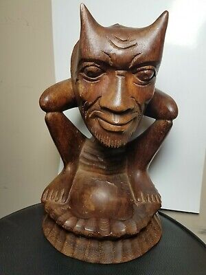 Vintage Folk Art Devil Demon Primitive Sculpture Figure Tribal 11" Wood Carved
