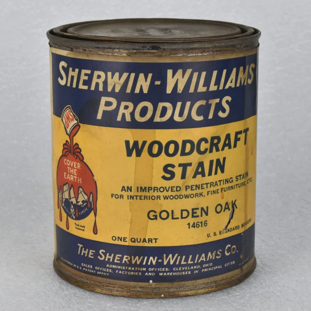 VTG SHERWINWILLIAMS WOODCRAFT Stain Tin Can Golden Oak Paper Label 1