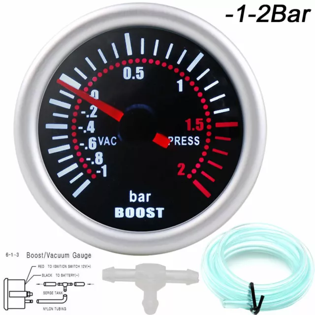 2" 52mm Pointer LED Turbo Boost Pressure Gauge -1~2 Bar Car Vacuum Meter Black