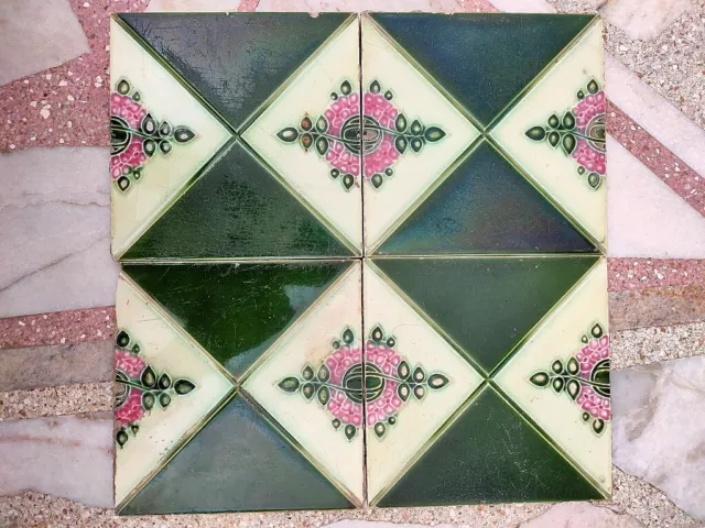 4Pc Antique Majolica Floral Square Design Art Nouveau Architecture Tiles,England