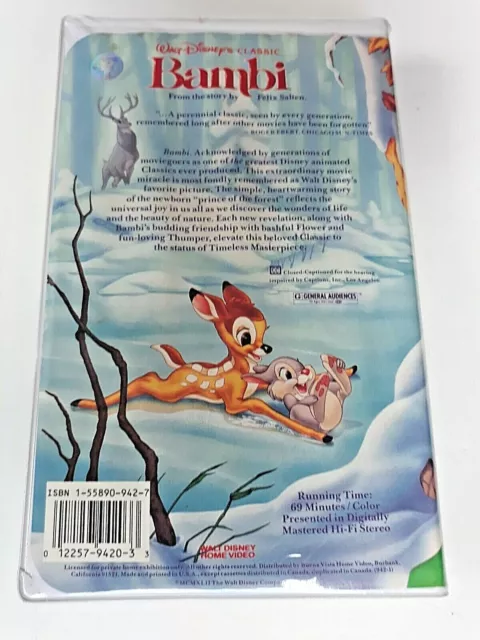 Bambi (VHS, Clamshell) Walt Disney The Classics diamant noir #942 2